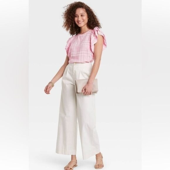 Pink Plaid Ruffle Sleeve Blouse XL By A New Day Lightweight Cotton Blend - Picture 1 of 10